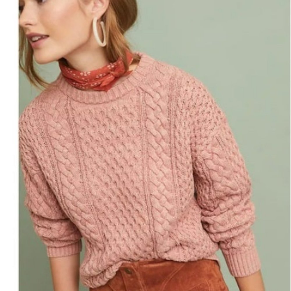 Frye Cotton Cable Fisherman Sweater Small Long Sleeve Pink Rose, Holiday